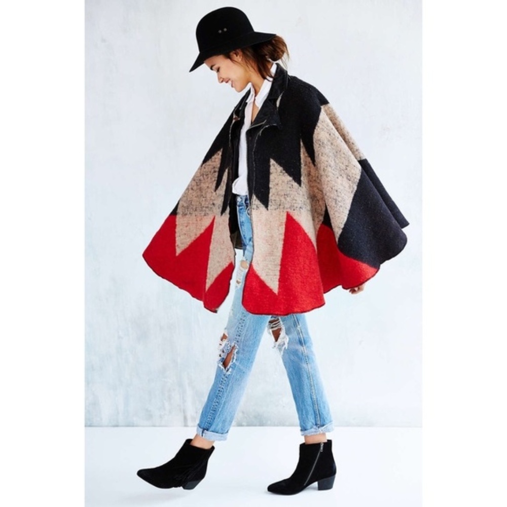 Brixton Red Black Cream Geo-Print Cape Coat